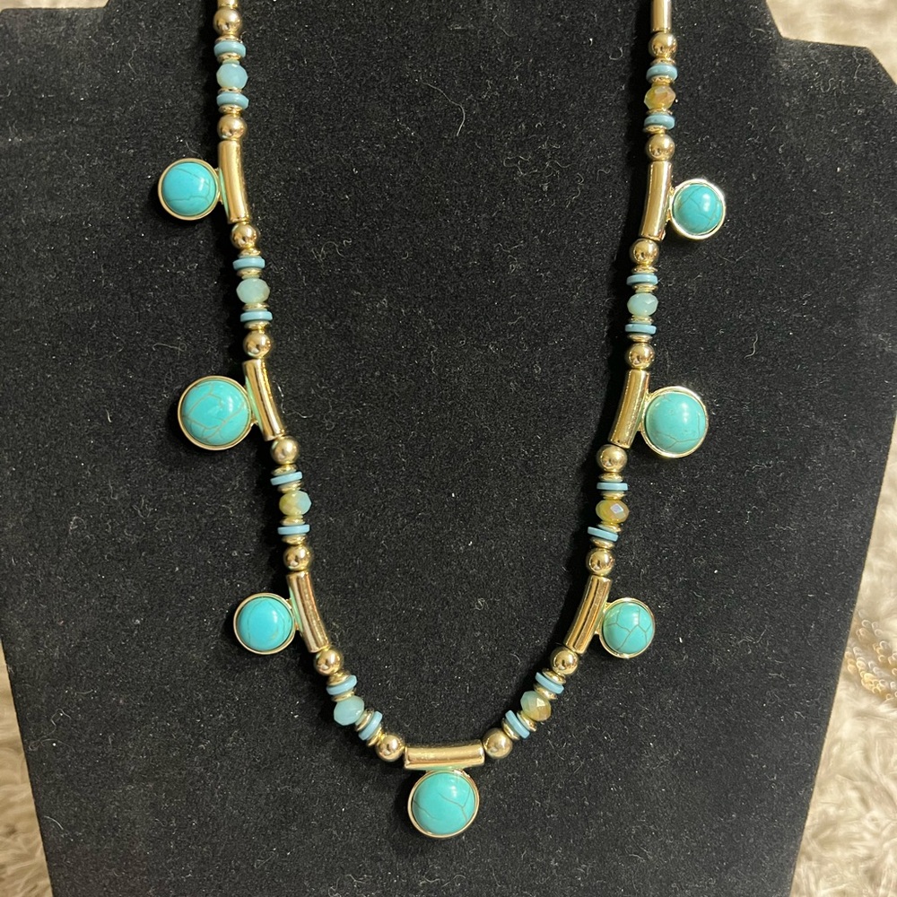Premier Designs Gold and Blue Necklace with Turquoise Beads